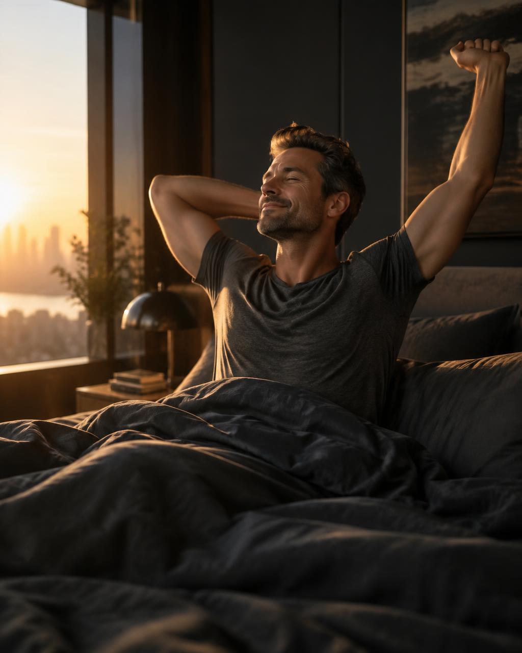 Adult man waking up refreshed at sunrise